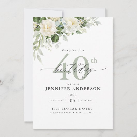 グレイエレガントグリーンフローラ40歳の誕生日 招待状 (正面)