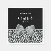 グレイエレガントジャガープリントネームかわいらしシルバーボウ スタンダードカクテルナプキン (正面)