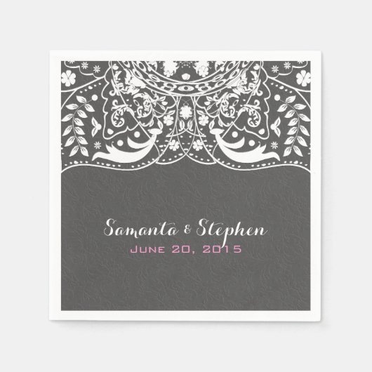 グレイエレガントダマスホワイトヴィンテージレース スタンダードカクテルナプキン (正面)