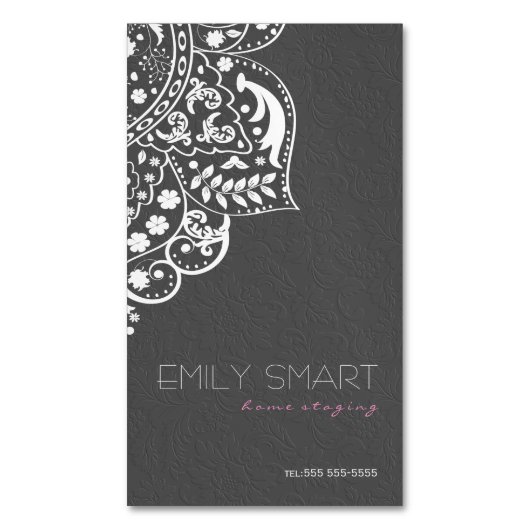 グレイエレガントダマスホワイトヴィンテージレース マグネット名刺 (正面縦)