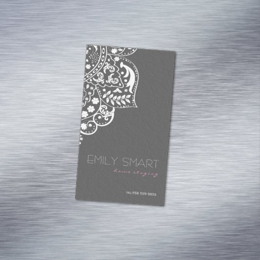 グレイエレガントダマスホワイトヴィンテージレース マグネット名刺 (インサイチュ)