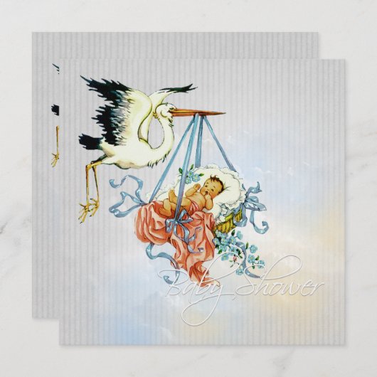 グレイエレガントブルーストーク男の赤ちゃんシャワー 招待状 (正面/裏面)