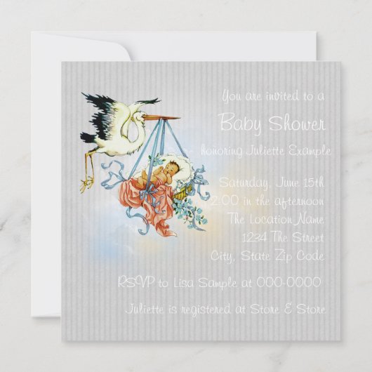 グレイエレガントブルーストーク男の赤ちゃんシャワー 招待状 (裏面)