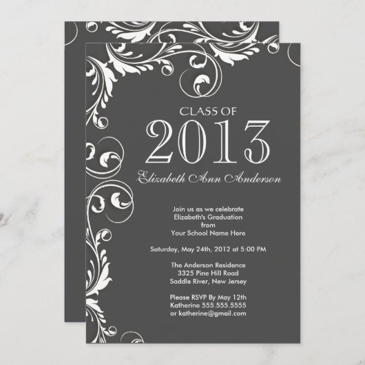 グレイエレガントホワイト卒業パーティー招待状 招待状 (正面/裏面)