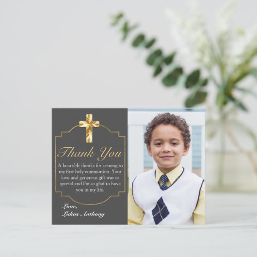 グレイエレガント金ゴールドクロス第1聖餐式 ポストカード (スタンド正面)