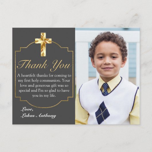 グレイエレガント金ゴールドクロス第1聖餐式 ポストカード (正面)