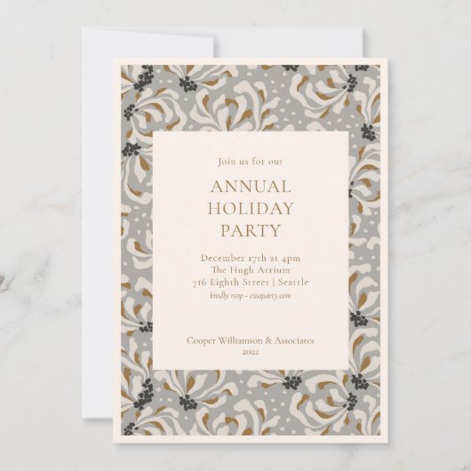 グレイエレガント金ゴールドボタニカルオフィスホリデーパーティー 招待状 (正面)