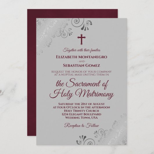 グレイエレガント・カソリッモダンクのバ結婚ルグンディ 招待状 (正面/裏面)