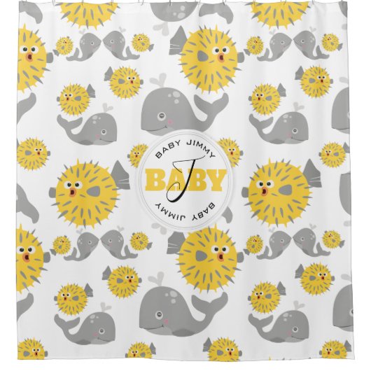 グレイクジラ&ブロウフィッシュ漫画ベビーモノグラム シャワーカーテン (正面)