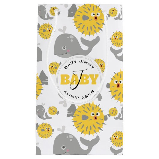 グレイクジラ&ブロウフィッシュ漫画ベビーモノグラム スモールペーパーバッグ (正面)