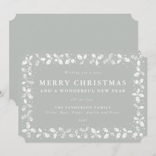 グレイグリーンリノプリントホリーメリークリスマス シーズンカード (正面/裏面)