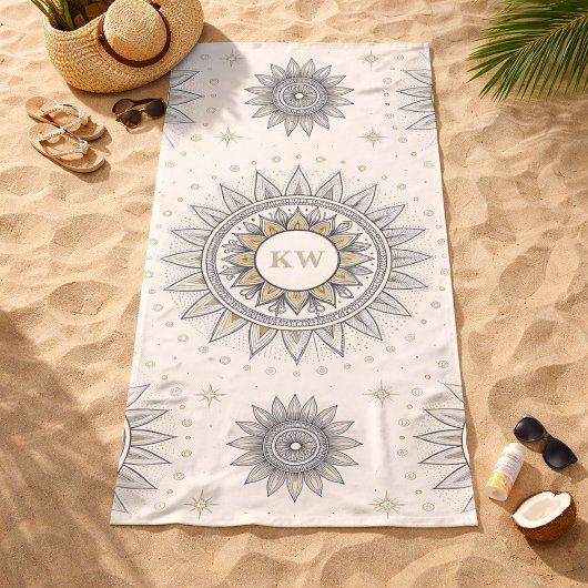 グレイゴールドの曼荼羅柄 ビーチタオル