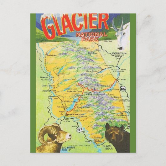 グレイシャーナショナルパークヴィンテージマップ ポストカード (正面)