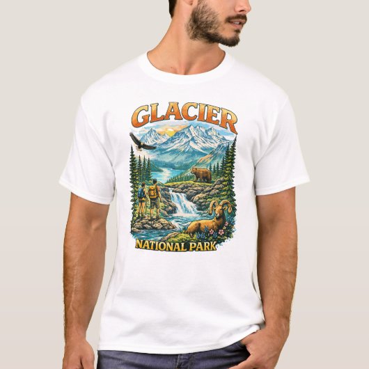 グレイシャー国立公園の野生生物アドベンチャーデザイン Tシャツ (正面)
