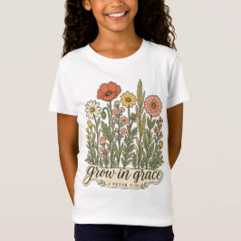 グレイスの中で成長する キリスト教の花柄と聖書の言葉のデザイン Tシャツ