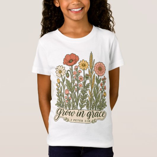 グレイスの中で成長する キリスト教の花柄と聖書の言葉のデザイン Tシャツ (正面)