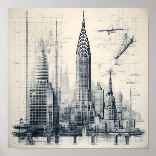 グレイスケール建物青写真 ポスター (正面)