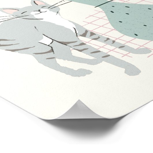 グレイスタイリッシュキャットティール（緑がかった色）フローライラストレーションカスタム ポスター (角)