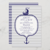 グレイスタイリッシュ航海のブルーセイボートベビーシャワー 招待状 (正面/裏面)