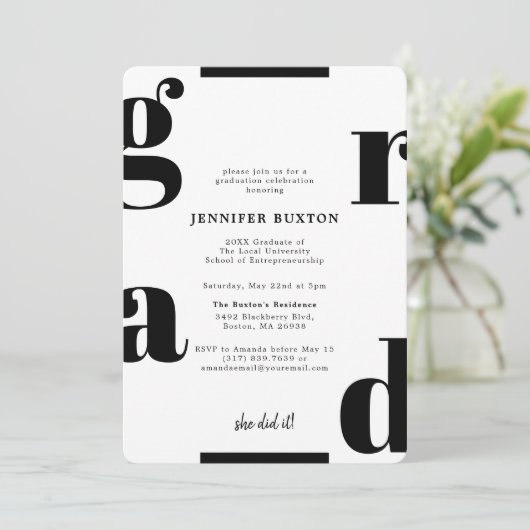 グレイドモダンシック白黒の卒業式パーティー 招待状 (スタンド正面)