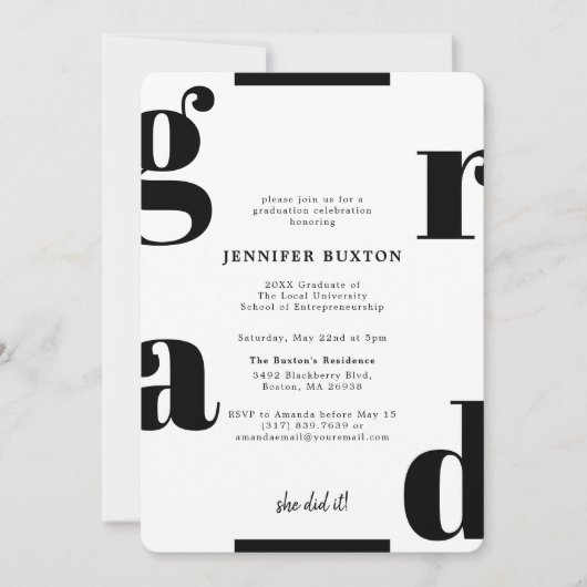 グレイドモダンシック白黒の卒業式パーティー 招待状 (正面)