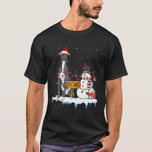 グレイハウおもしろいンドドッグクリスマス雪だるまクリスマスライト Tシャツ (正面)
