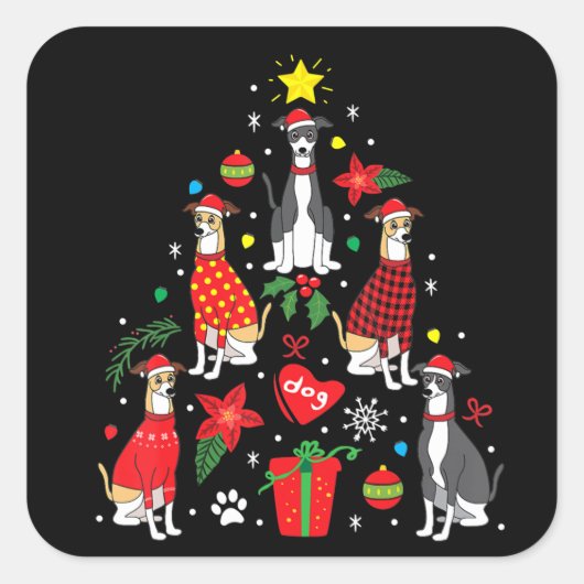 グレイハウイタリアンンドクリスマス装飾木の犬のお母さん スクエアシール (正面)
