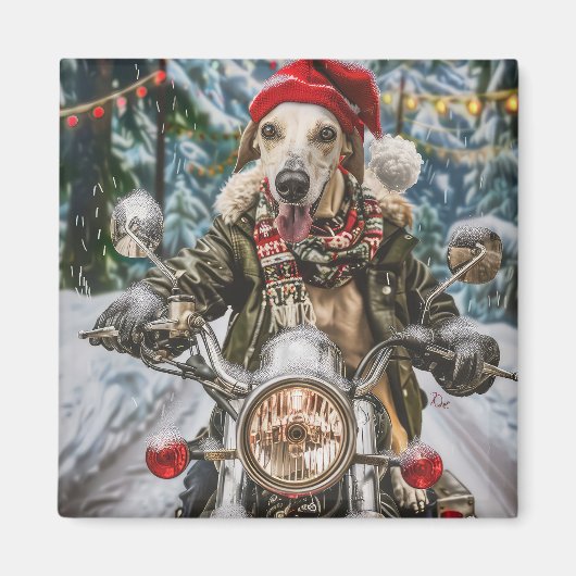 グレイハウンドがバイクに乗るクリスマス マグネット (正面)