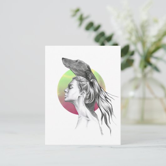 グレイハウンドと女性ポートレートドッグラバーアエレガントート ポストカード (スタンド正面)