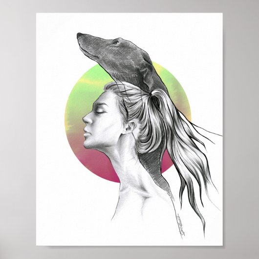 グレイハウンドと女性ポートレート犬の恋人アエレガントート ポスター (正面)