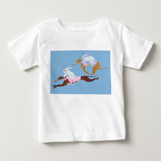 グレイハウンドに乗ったウサギのTシャツ ベビーTシャツ (正面)