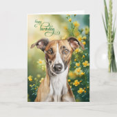 グレイハウンドの犬と小さな黄色の花 誕生日 カード (正面)