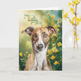 グレイハウンドの犬と小さな黄色の花 誕生日 カード