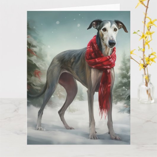 グレイハウンドの犬と雪のクリスマス カード (黄色い花)