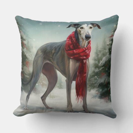 グレイハウンドの犬と雪のクリスマス クッション (正面)