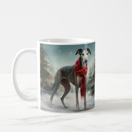 グレイハウンドの犬と雪のクリスマス コーヒーマグカップ (左)