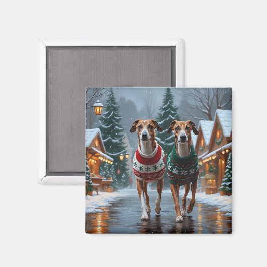 グレイハウンドの犬のクリスマス雪の休日 マグネット (正面/裏面)