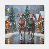 グレイハウンドの犬のクリスマス雪の休日 マグネット (正面)