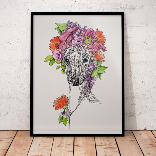 グレイハウンドイタリアンウィペット犬ポートレートフラワーアート ポスター