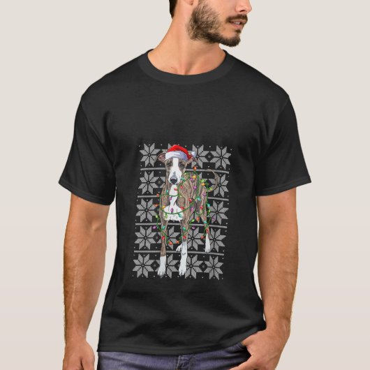 グレイハウンドイタリアンドッグクリスマスライトサンタハットU Tシャツ (正面)