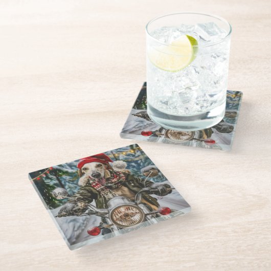 グレイハウンドドッグオートバイクリスマスに乗る ガラスコースター (アングル)