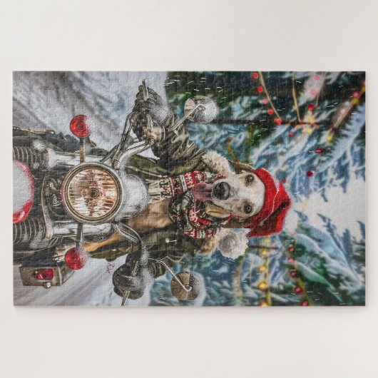 グレイハウンドドッグオートバイクリスマスに乗る ジグソーパズル (横)