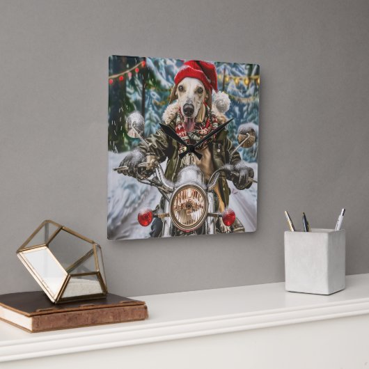 グレイハウンドドッグオートバイクリスマスに乗る スクエア壁時計 (オフィス)