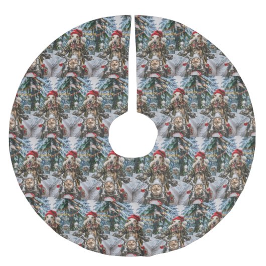 グレイハウンドドッグオートバイクリスマスに乗る ブラッシュドポリエステルツリースカート (正面)