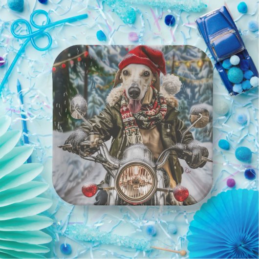 グレイハウンドドッグオートバイクリスマスに乗る ペーパープレート (パーティー)