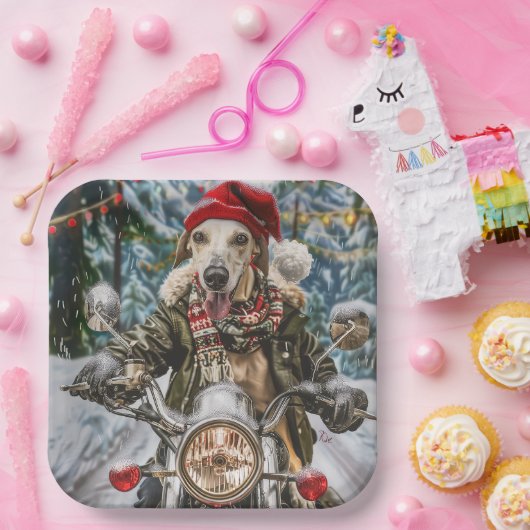グレイハウンドドッグオートバイクリスマスに乗る ペーパープレート (パーティー)