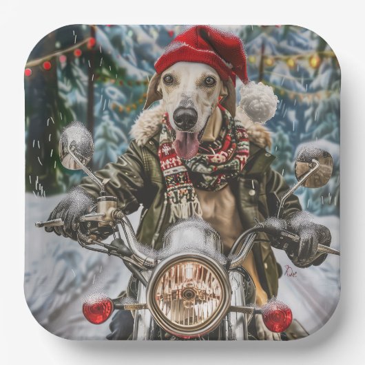 グレイハウンドドッグオートバイクリスマスに乗る ペーパープレート (正面)