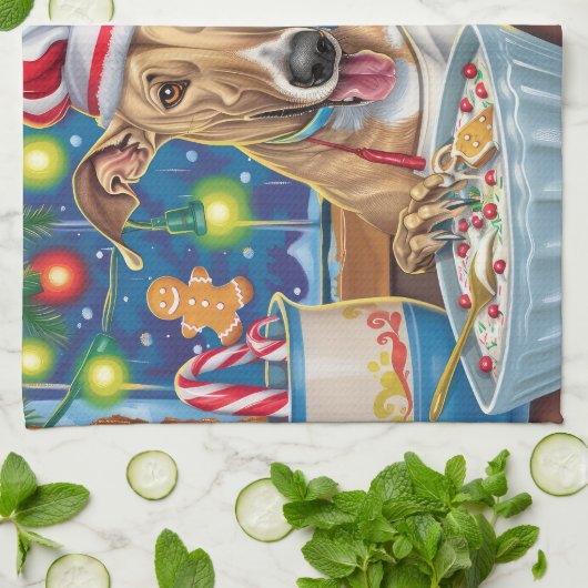 グレイハウンドホリデーベーキング:フェスティバルクリスマス キッチンタオル (折り畳み)