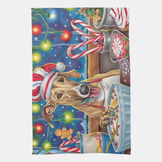 グレイハウンドホリデーベーキング:フェスティバルクリスマス キッチンタオル (縦)