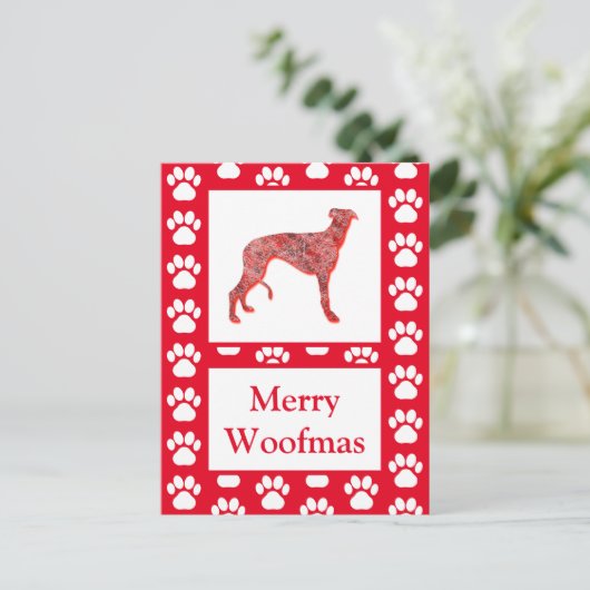 グレイハウンドルチドッグシルエット赤メリークリスマス ポストカード (スタンド正面)